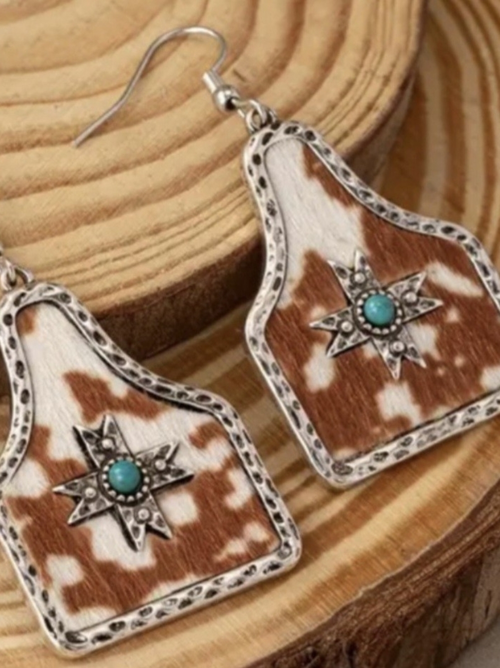 Cowhide Brown and White Star Turquoise Accent Earrings
